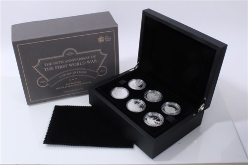 Lot 38 - G.B. The Royal Mint – The First World War 100th Anniv. Silver Proof £5 (x 6) Coin Set 2016 - in case of issue with Certificate of Authenticity (1 coin set)