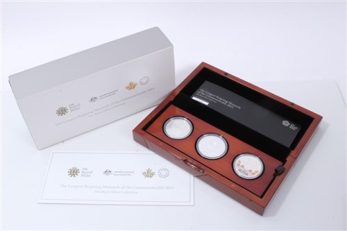 Lot 39 - World – The Royal Australian Mint ‘The Longest Reigning Monarch of The Commonwealth’ silver Three Coin Set – 2015 – to include U.K. £5, Australia $5 and Canada $20 - in case of issue with Certifica...