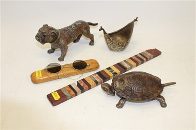 Lot 3604 - Mixed group with specimen rule, spectacles, bull dog and tortoise bell