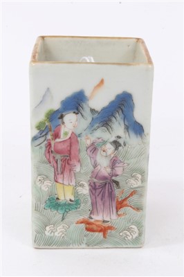 Lot 258 - 19th century Chinese porcelain brush pot of square form, 8cm high