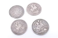 Lot 84 - G.B. mixed silver Crowns – to include George III 1819.  G – VG, George IV 1821.  Good, Victoria Y.H. 1845 (N.B. edge knocks), otherwise AVF and O.H. 1897LX.  F (4 coins)