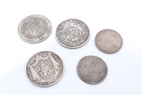 Lot 85 - G.B. mixed silver coinage – to include Half Crowns George III 1817.  VG – AF, George IV 1823.  F, William IV 1836.  Good, Shillings, Anne 1711.  VG – AF and George III 1787.  GVF (5 coins)