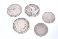 Lot 85 - G.B. mixed silver coinage – to include Half Crowns George III 1817.  VG – AF, George IV 1823.  F, William IV 1836.  Good, Shillings, Anne 1711.  VG – AF and George III 1787.  GVF (5 coins)