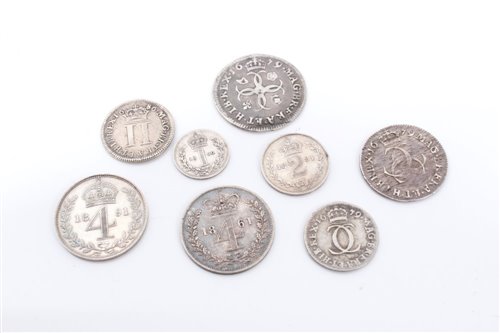 Lot 86 - G.B. mixed Maundy oddments – to include James II Twopence 1686. AVF, Charles II 1679 Twopence. AF, Threepence. AVF, Fourpence (ex-mount @12 o’clock position), otherwise F, Victoria Y.H. Fourpenc...