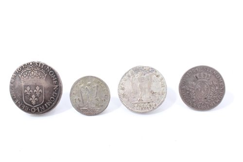 Lot 89 - France – mixed silver coinage – to include Louis XIV Half Ecu 1652o.  VG, Louis XVI 30 Sols 1792L.  GF – AVF, 24 Sols 1784R.  F and 15 Sols 1792W (N.B. rev. scratches), otherwise AVF (4 coins)
