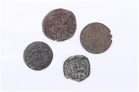 Lot 97 - Spain – mixed copper coinage – to include Ferdinand V and Isabel I Four Maravedis circa 1495.  F – GF, Felipe II 2 Maravedis.  VG – AF, Felipe III Eight Maravedis 1604.  GF and Felipe IV Sixteen Ma...