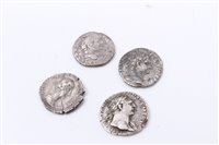Lot 100 - Ancients – mixed Roman silver Denarius – to include Vespasian, Domitian, Trajan and Faustina Junior.  Generally F – VF (4 coins)