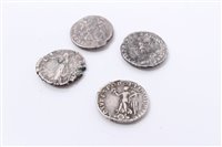 Lot 100 - Ancients – mixed Roman silver Denarius – to include Vespasian, Domitian, Trajan and Faustina Junior.  Generally F – VF (4 coins)
