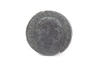 Lot 104 - Ancients – A Roman Trajan copper AS circa AD99. Rev. TR Pot Cos IIII PP SC – Victory Alighting left, wings spread, holding shield, inscribed – SP/QR. GVF (1 coin)
