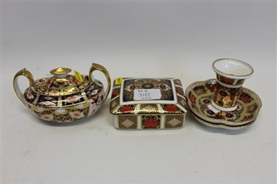 Lot 2103 - Pair of Royal Crown Derby pin dishes, trinket box with cover and small vase, all pattern no. 1128