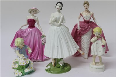 Lot 2058 - Three Coalport Figures- Alicia Markova, Millenium Debut, Perfect Rose, together with two Royal Worcester figures- Only Me and May (5)