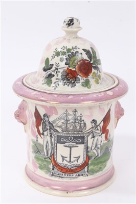 Lot 269 - 19th century Sunderland lustre tobacco jar, cover and weight with printed Mariners Arms, verse, 20cm