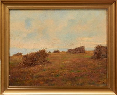 Lot 1172 - Fred Hall (1860-1948) oil on board - landscape with hay stooks, in gilt frame, 30cm x 40cm