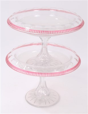 Lot 273 - Pair Victorian cut glass and ruby flash dessert stands with faceted stems on star cut foot