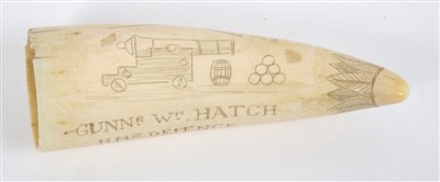 Lot 596 - Unusual antique scrimshaw whale’s tooth, engraved to one face with depiction of a Native American