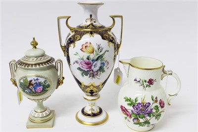 Lot 2043 - Royal Worcester urn shaped two handled vase with cover, Royal Worcester 2002 Heritage Collection floral jug and a Spode limited edition urn shaped two handled vase, number 15