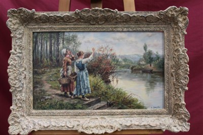 Lot 1109 - Oswald Crompton oil on board - two girls on a river bank, signed, in moulded frame. Provenance: Haynes Fine Art