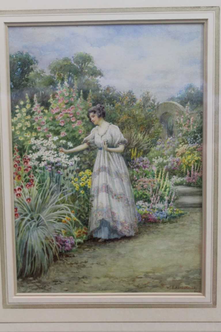 Lot 1108 - William F. Ashburner (act. 1900-1932) watercolour - Picking a Posy, signed, in glazed gilt frame. Provenance: Haynes Fine Art