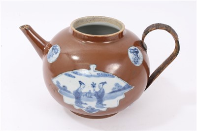 Lot 240 - 18th century Chinese porcelain teapot, Batavia glaze and blue and white figure and floral reserves