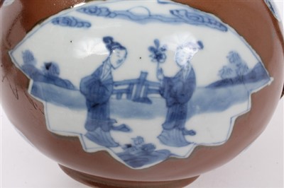 Lot 240 - 18th century Chinese porcelain teapot, Batavia glaze and blue and white figure and floral reserves