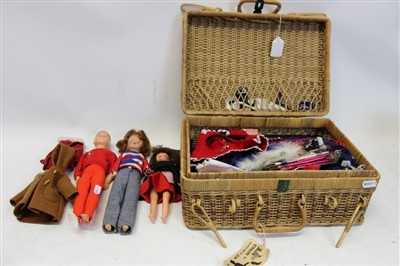 Lot 2882 - Dolls.  Wicker hamper containing Sindy, Paul and Patch, clothes and accessories