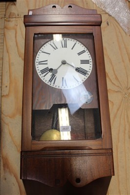 Lot 3537 - 20th century wall-mounted clocking-in clock with white painted dial in a mahogany case, with winding key, 86cm overall height