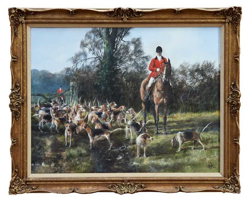 Lot 1032 - *Clive Madgwick (1934-2005) oil on canvas - Huntsman and hounds, signed and dated 1979, in gilt frame, 71cm x 91cm