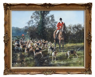 Lot 1032 - *Clive Madgwick (1934-2005) oil on canvas - Huntsman and hounds, signed and dated 1979, in gilt frame, 71cm x 91cm