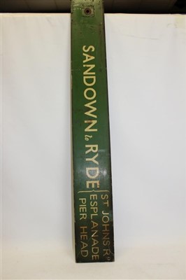 Lot 3528 - Painted double-sided Isle of Wight manual railway platform train destination sign, Sandown to Ryde (St. Johns Rd, Esplanade, Pier Head)