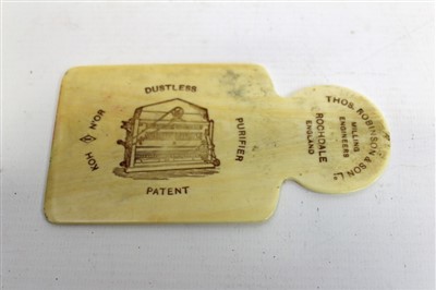 Lot 3529 - Late Victorian ivory seam smoother advertising The Koh I N’or Dustless Purifier
Patent by Thos. Robinson & Son Ld. Milling Engineers Rochdale England