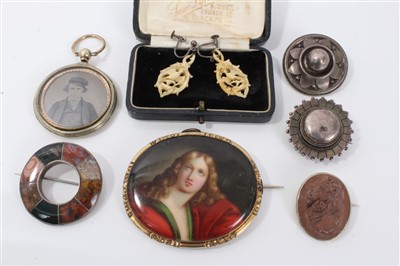 Lot 619 - Victorian Scottish hardstone brooch, lava cameo, other brooches, locket and pair earrings