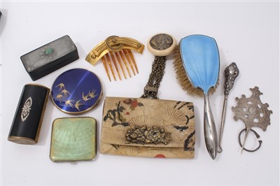 Lot 3267 - Silver and blue enamel brush, Oriental vintage purse, various compacts, white metal kilt pin, silver handled button hook and gilt metal hair comb