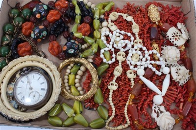 Lot 3268 - Group of vintage coral necklaces, various other necklaces, silver cased pocket watch and other costume jewellery