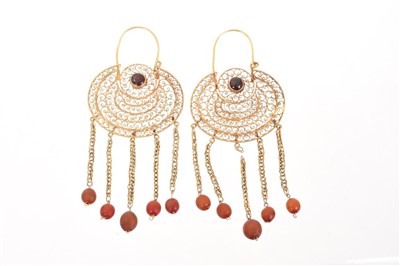 Lot 716 - Large pair of antique Indian gold filigree earrings with old amber beads drops