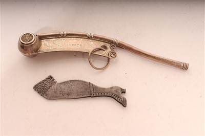 Lot 475 - Victorian silver bosun's whistle with engraved blade and pair of steel tweezers, 14cm overall length