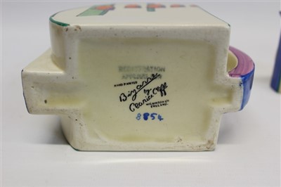 Lot 2102 - Clarice Cliff handpainted Bizarre Range three piece Bonjour tea set - comprising teapot, milk and sugar