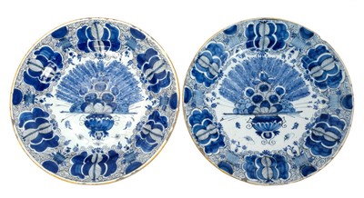 Lot 243 - Pair 18th century Dutch Delft chargers painted in the Chinese Ming Kraak style, 35.5cm