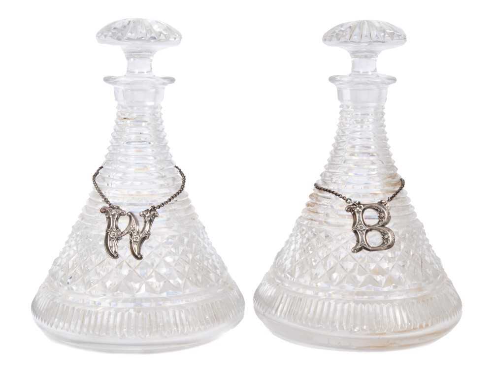 Lot 930 - Pair of cut glass ships decanters with wine labels