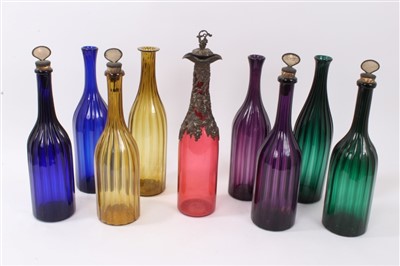 Lot 313 - Set four Victorian Bristol Harlequin glass decanters with stoppers, four no stoppers, glass bottle