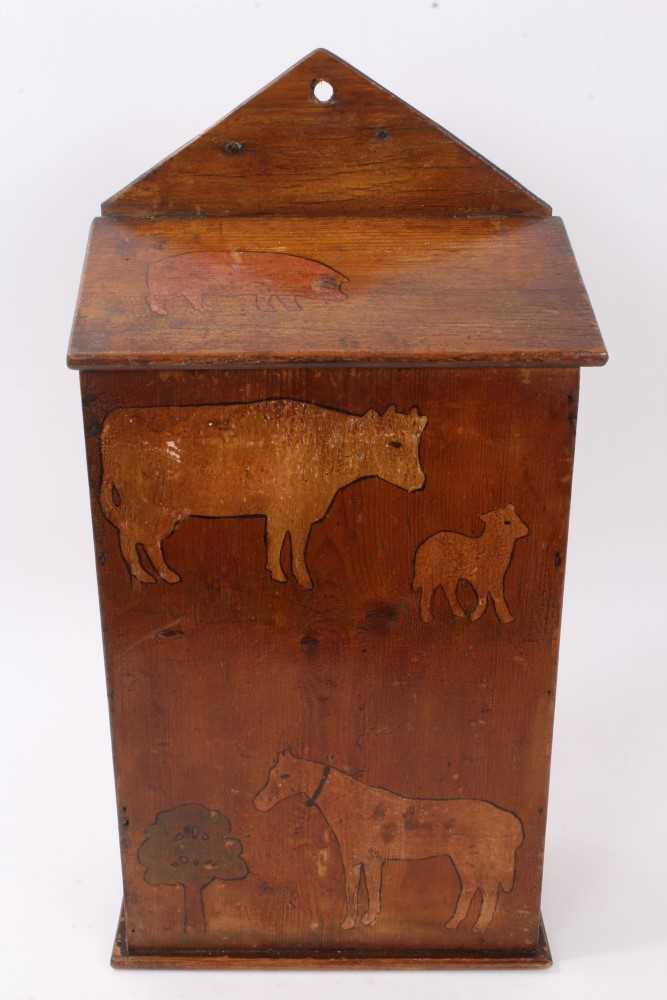 Lot 928 - Naïve folk art pine candle box with polychrome ornament