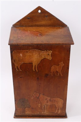 Lot 928 - Naïve folk art pine candle box with polychrome ornament