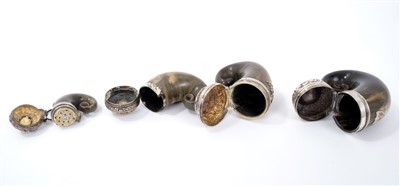 Lot 912 - Four 19th century Scottish silver snuff mulls with hardstone inset tops