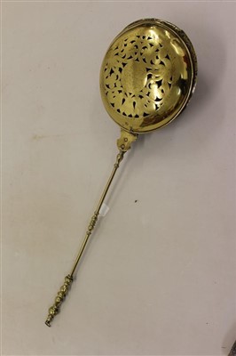 Lot 942 - 17th century brass warming pan with pierced scrolling ornament