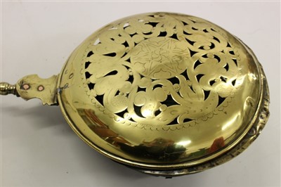 Lot 942 - 17th century brass warming pan with pierced scrolling ornament