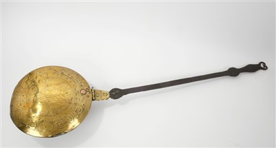 Lot 944 - 17th century brass and iron warming pan, tulip ornament and embossed motto ‘God grant grace’