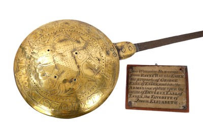 Lot 933 - Rare II brass and iron warming pan off local interest
