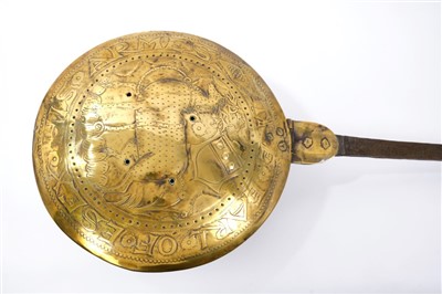 Lot 933 - Rare II brass and iron warming pan off local interest