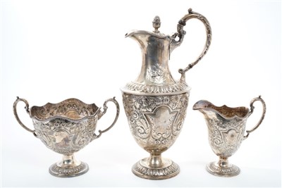 Lot 353 - Late Victorian silver hot water jug, sugar basin and cream jug, Sheffield 1897