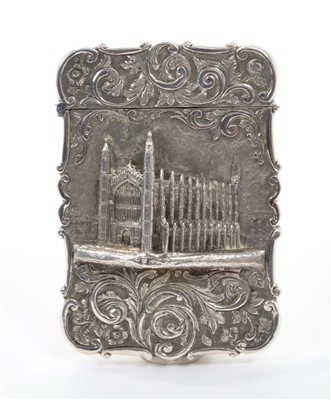 Lot 360 - Early Victorian castle-top card case, embossed with Kings College Chapel, Cambridge by Nathaniel Mills, Birmingham 1845