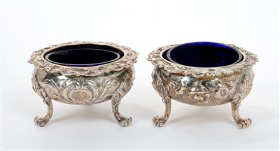 Lot 365 - Pair Victorian silver salts with blue glass liners, London 1853